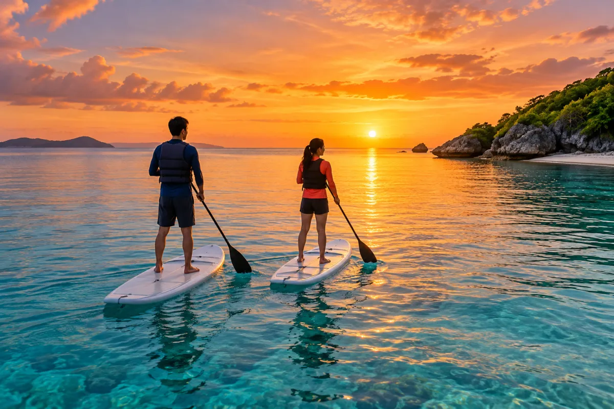 夕焼けの海で、2人がSUPをこいでいる