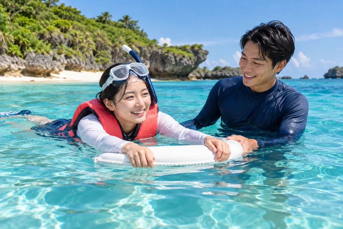 浅瀬でライフジャケットを着た女性が浮き具につかまり、ガイドが横で支えている