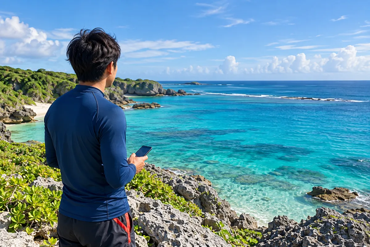 朝の海岸で、ガイドが海の様子を確かめている